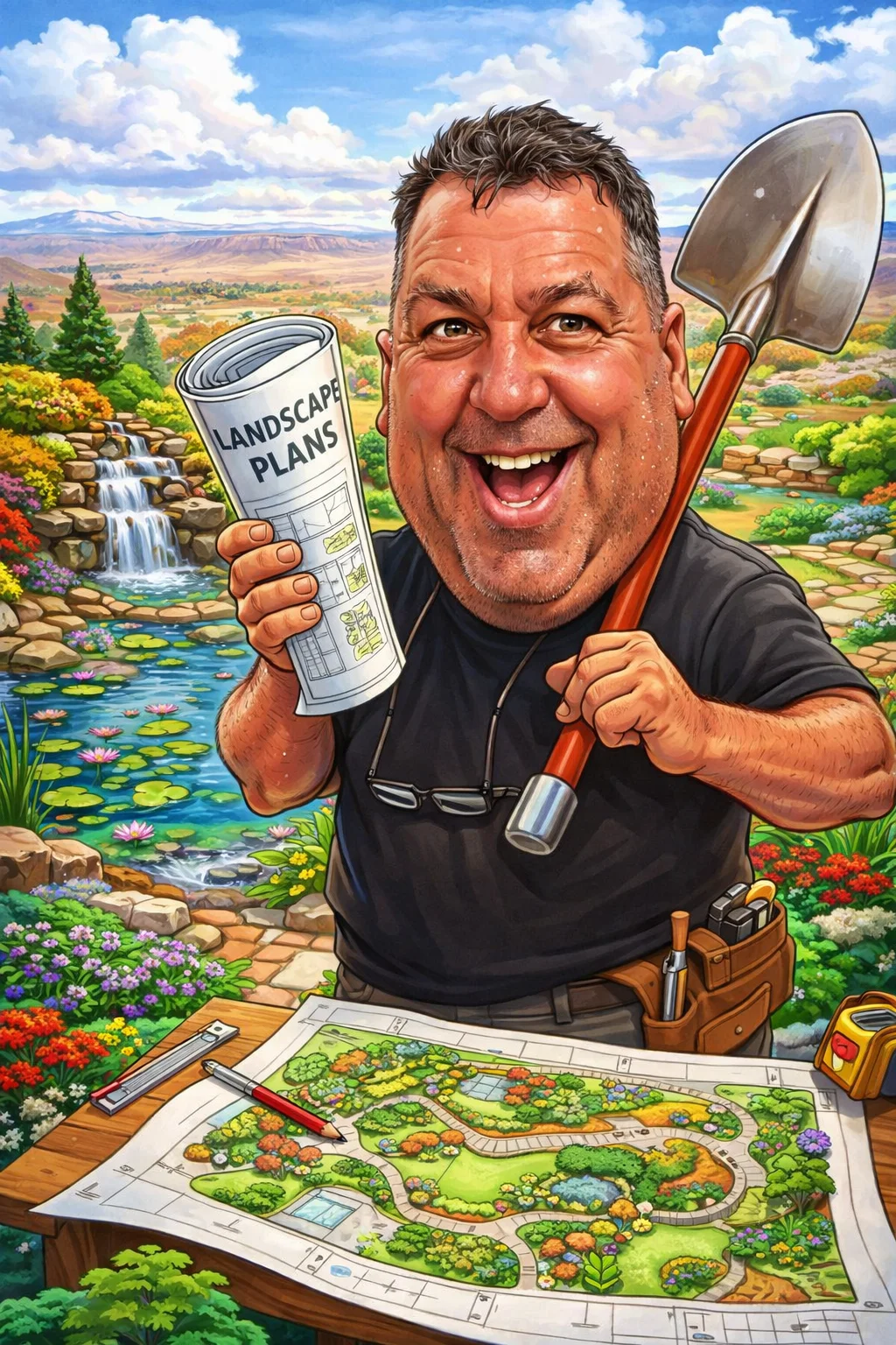 Darin Chamberlin landscape designer caricature — holding landscape plans and shovel, ready to design your outdoor space