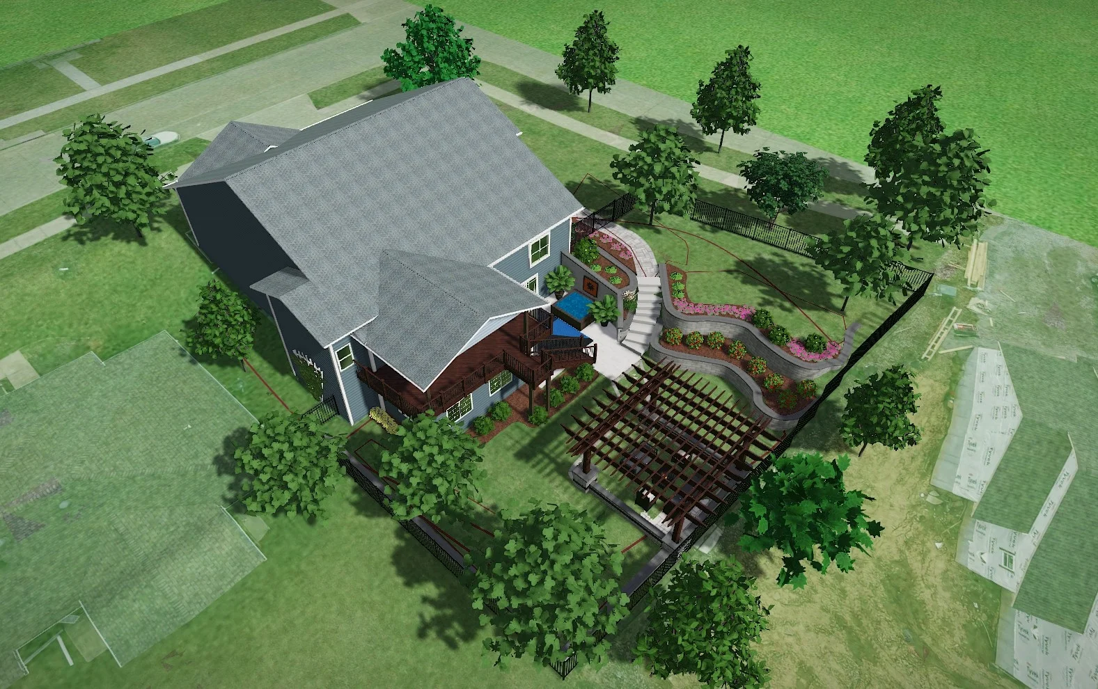 3D aerial backyard landscape design rendering by Landforms Design Inc Cedar Rapids Iowa
