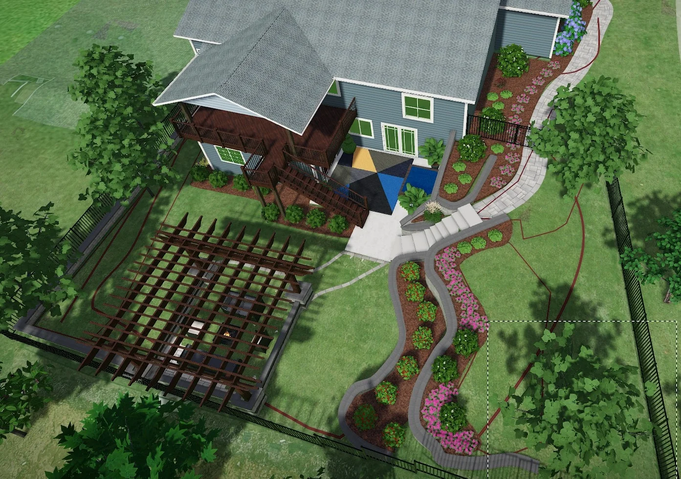 3D backyard patio and garden bed design rendering — Landforms Design Inc Iowa