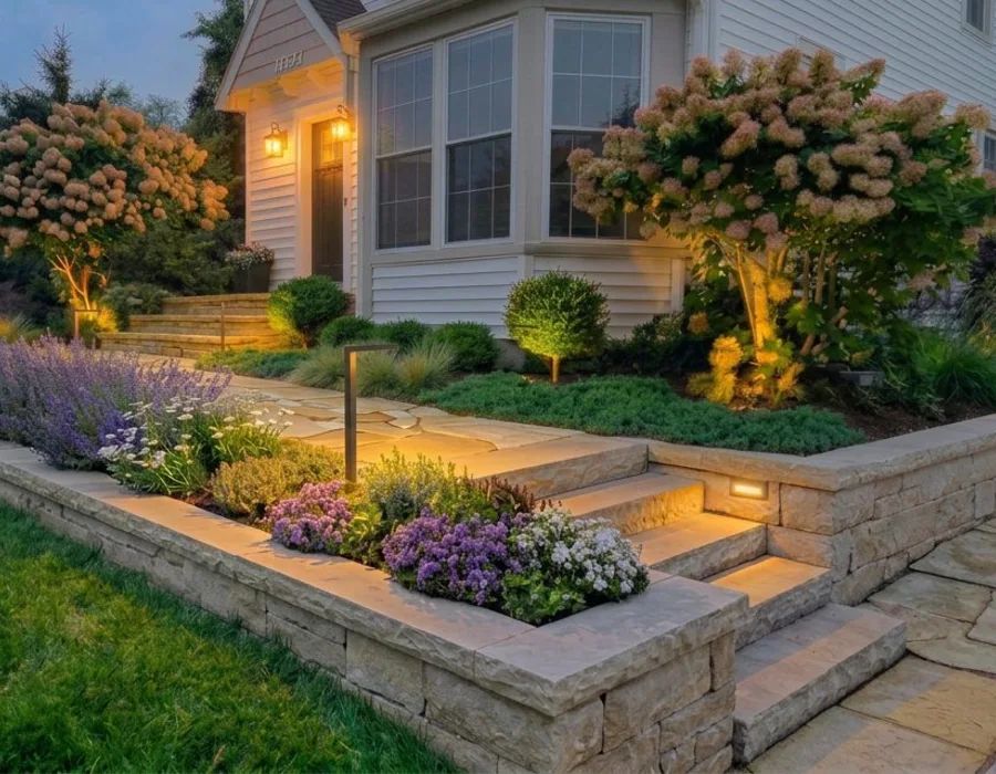 Representative front entry retaining wall and step lighting design
