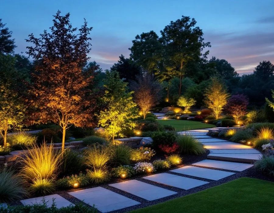 Representative lit garden pathway lighting design