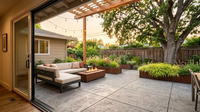 Representative modern patio with pergola and linear fire feature design