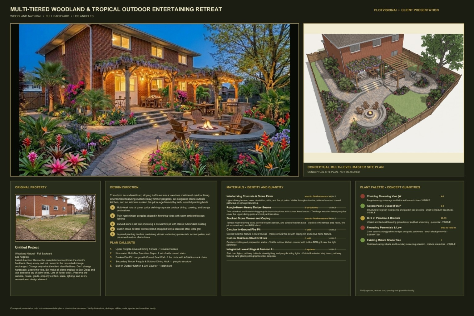 PlotVisionAI client presentation board for a tiered woodland outdoor living retreat with dual pergolas and a sunken fire lounge, Los Angeles