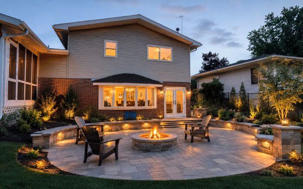 Representative twilight patio and fire pit outdoor living design