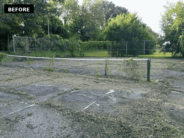 Before and after animation showing a deteriorated tennis court transformed into a new Backyard Sports Center™ by Landforms Design Inc