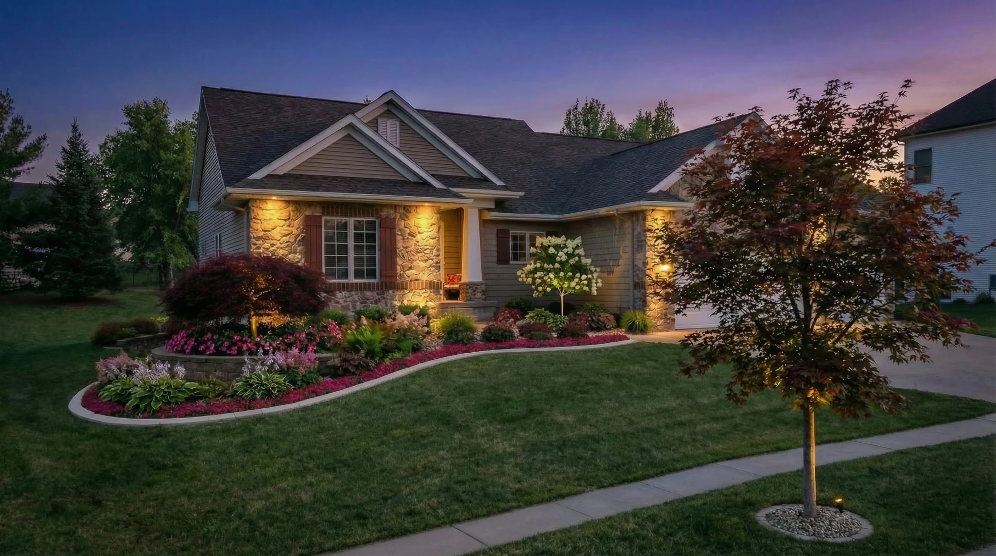 After — twilight landscape design rendering with night lighting by Landforms Design Inc