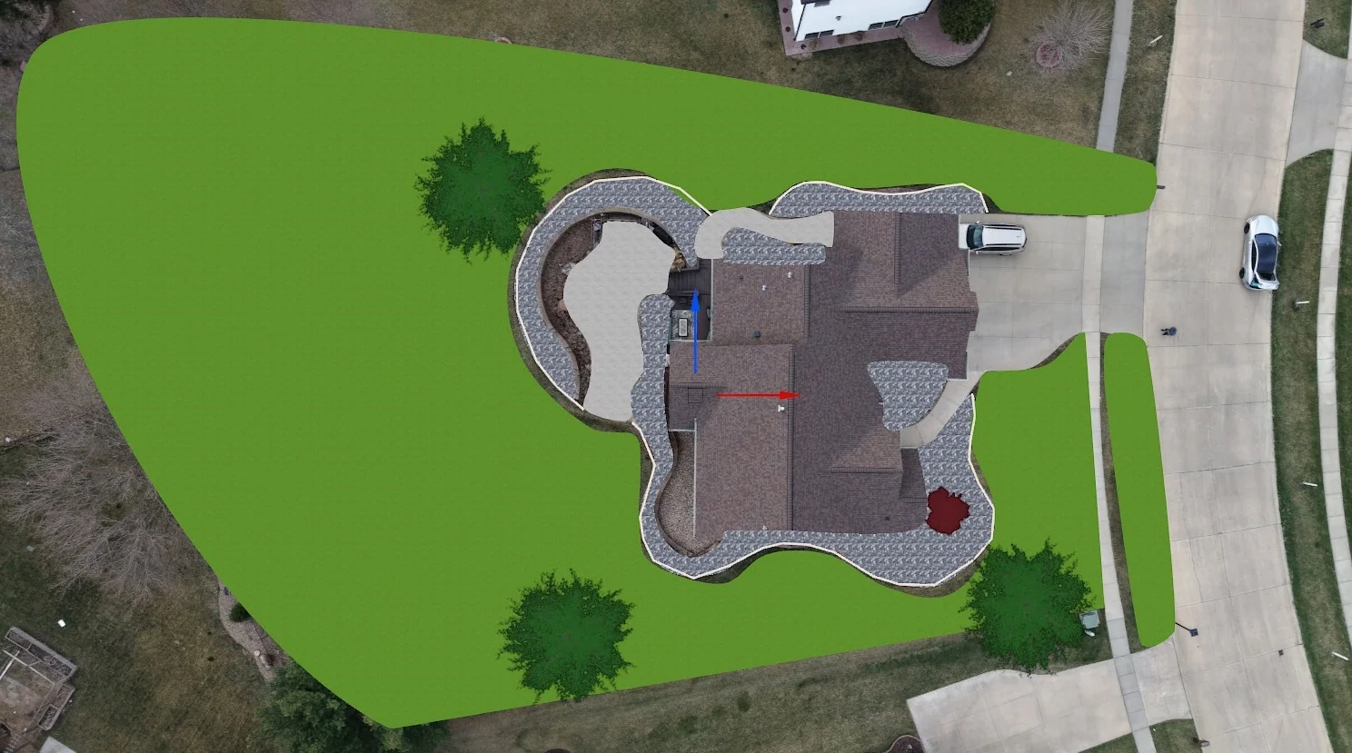 Drone aerial overlay landscape design plan — Landforms Design Inc Cedar Rapids Iowa