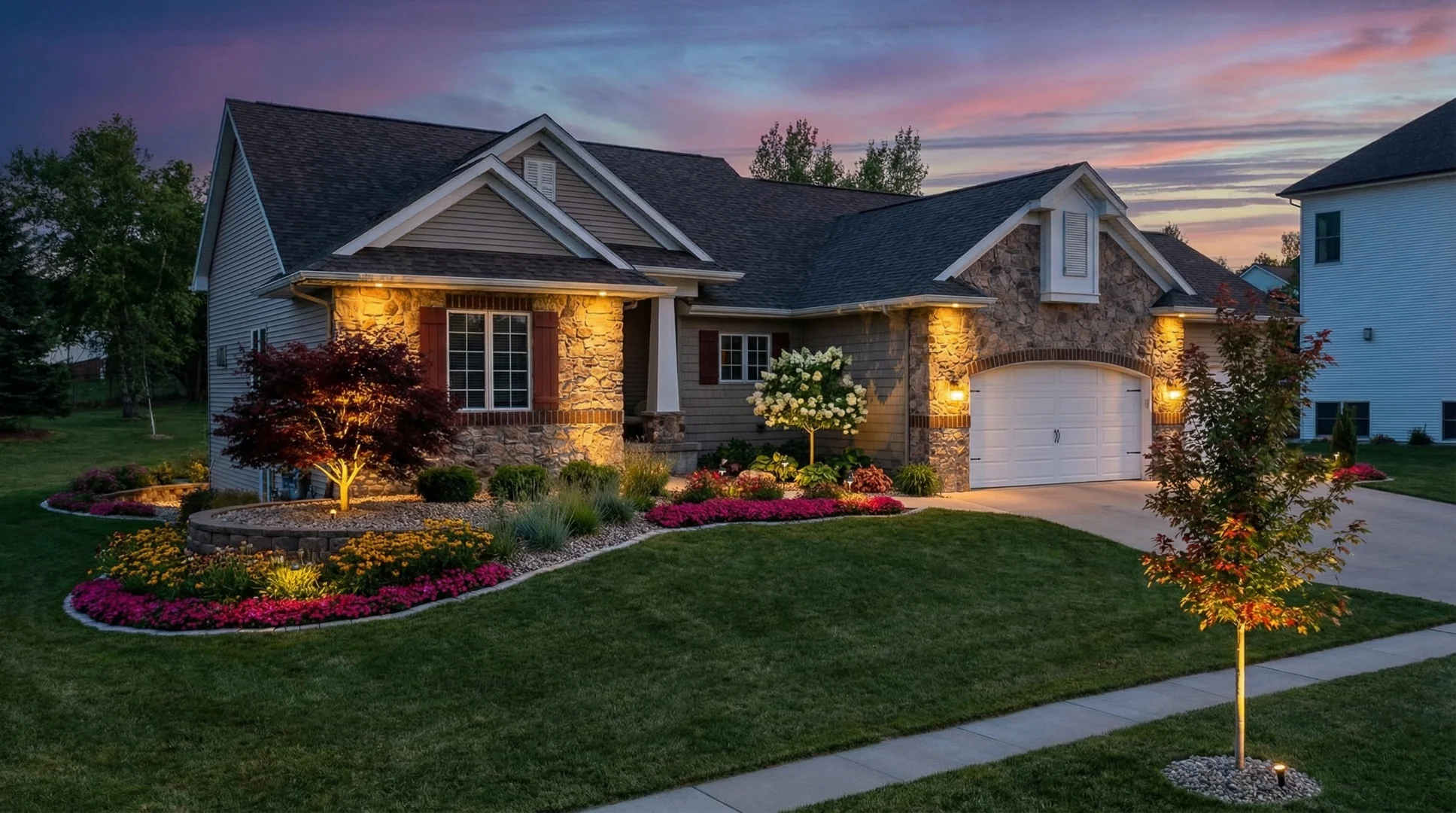 Twilight landscape design rendering with front yard night lighting — Landforms Design Inc Iowa