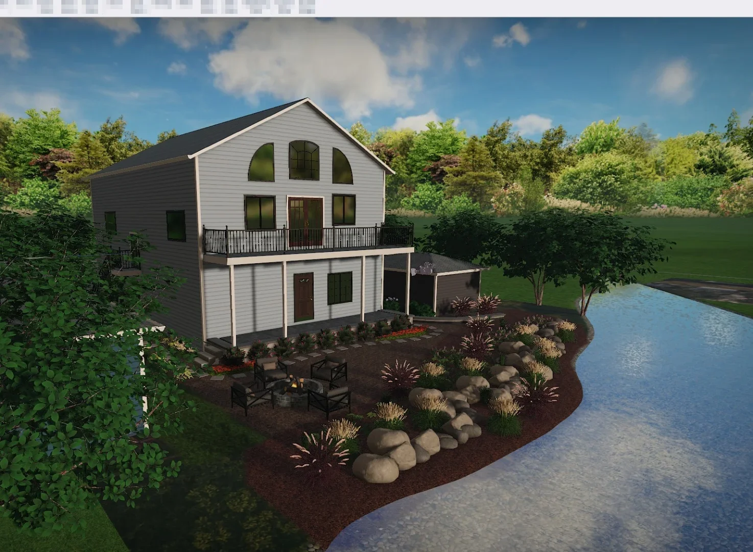 3D landscape design with fire pit seating area and lake view — Landforms Design Inc Iowa