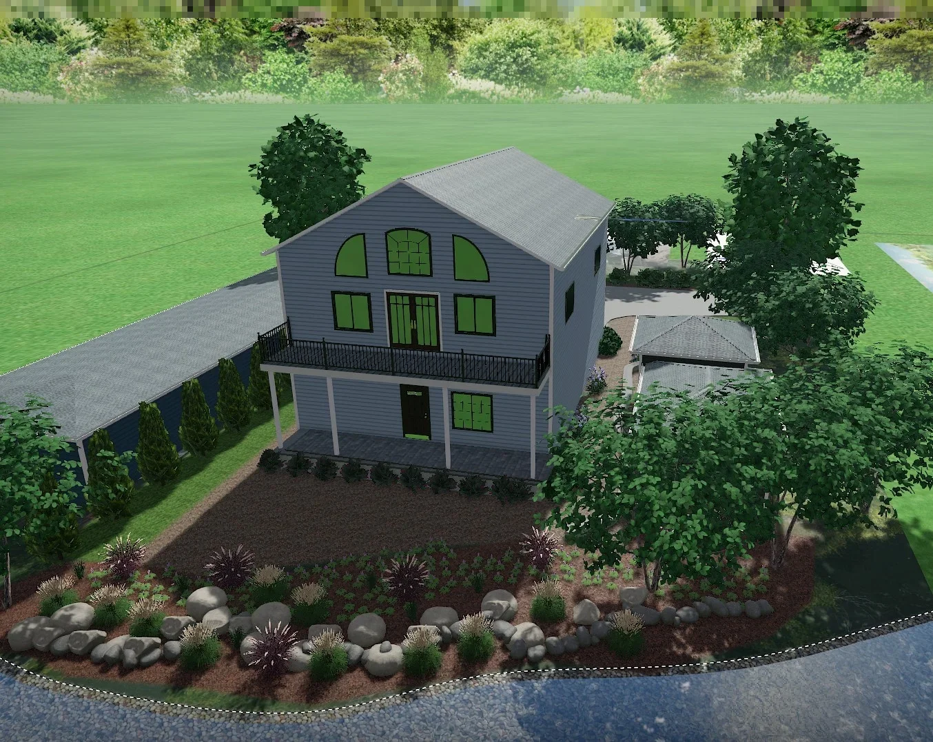 3D rear landscape design with rock garden and lake — Landforms Design Inc Iowa