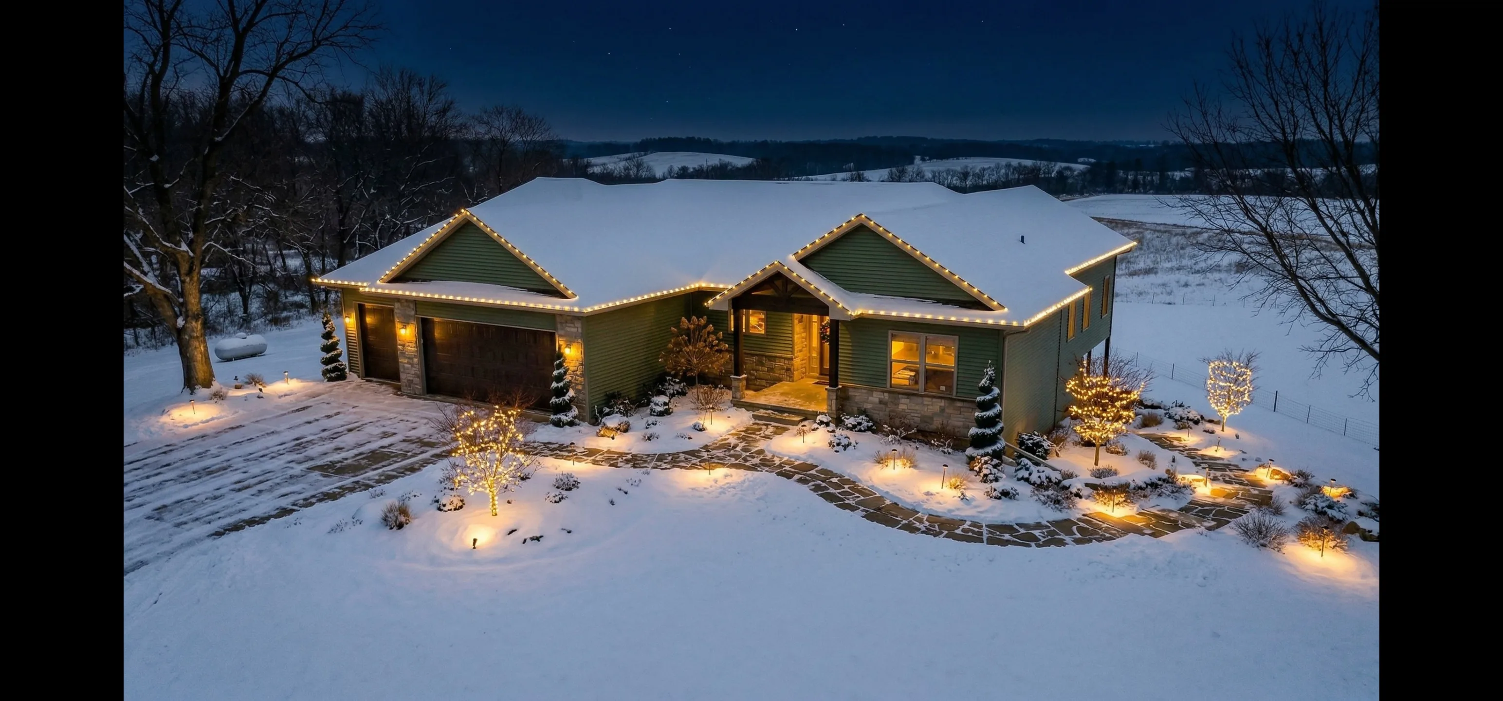 Aerial night view of Backyard Sports Center with pool and basketball court lighting — Landforms Design Inc Iowa 2026