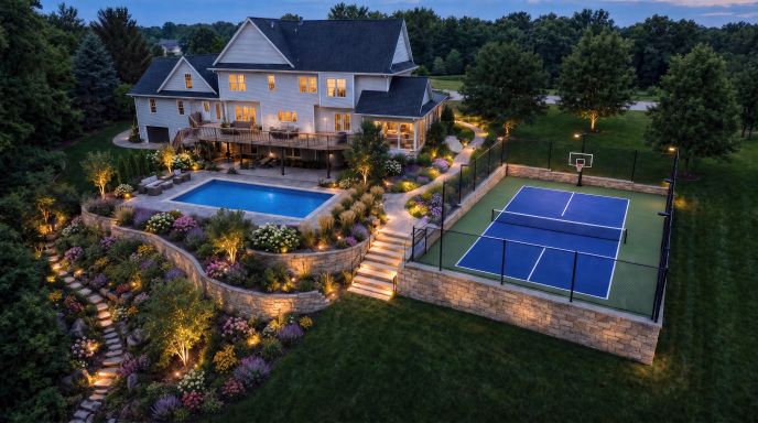 Cedar Rapids Iowa backyard basketball and pickleball court by Landforms Design — AI-assisted concept by Darin Chamberlin featuring a full outdoor sport court, 20 by 40 sports pool, tiered stone retaining walls, and landscape lighting at twilight