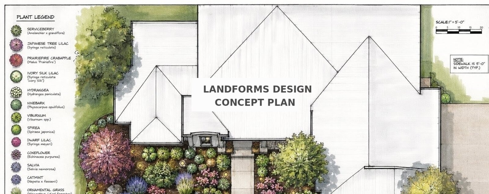 Robins Iowa landscape design concept plan — hand-drawn watercolor-style overhead planting plan by Landforms Design Inc showing curved bed lines, tree placement, and hardscape integration