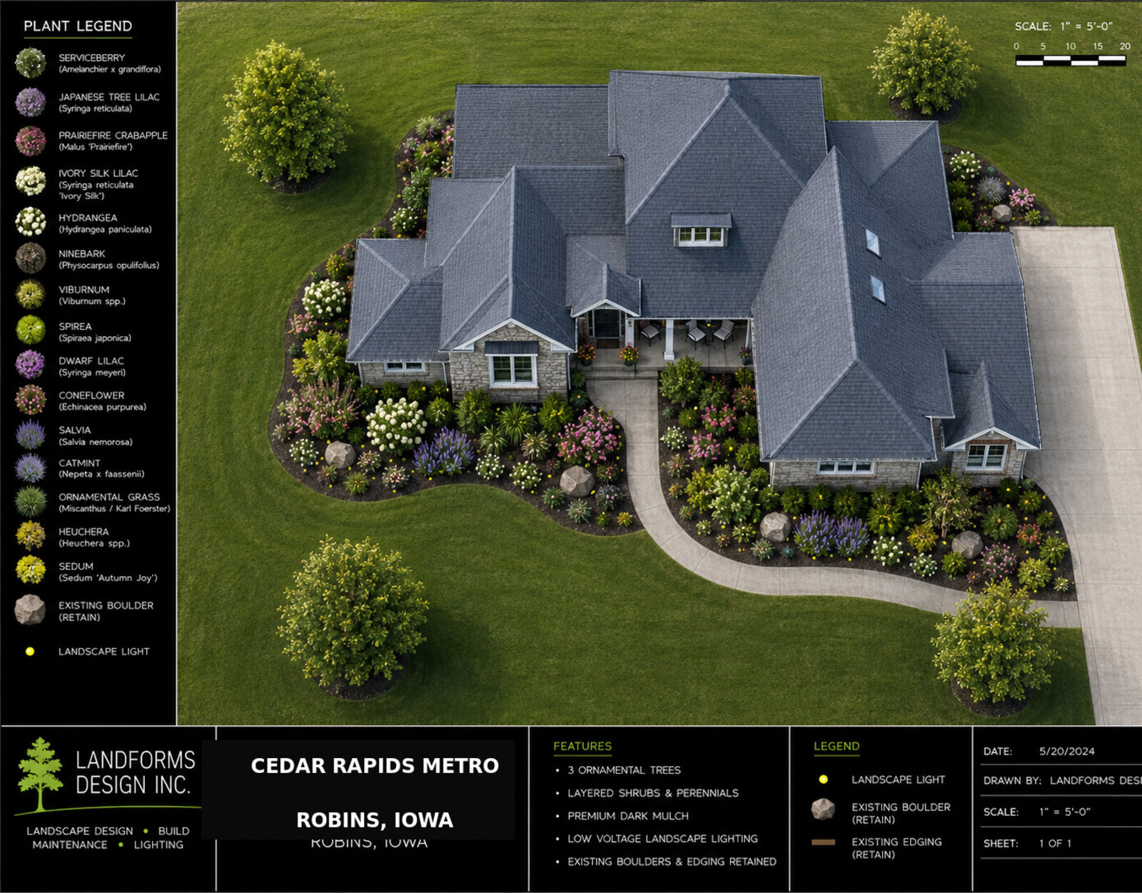 Robins Iowa landscape planting plan — full photorealistic overhead site plan with plant legend, scale bar, features list, and landscape lighting layout designed by Landforms Design Inc