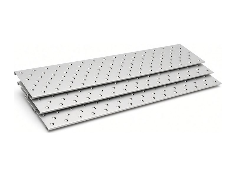 Three bare aluminum gutter guard panels with rows of small round dimples
