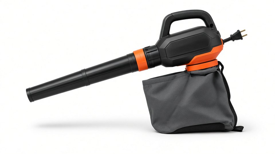 A black and orange corded leaf vacuum with a long tube and a gray collection bag underneath