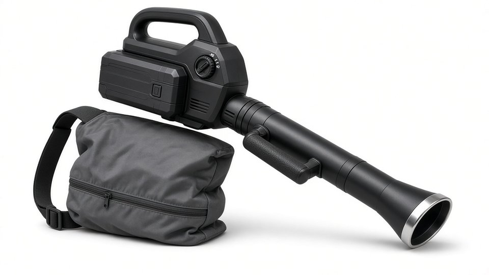 A black cordless leaf vacuum with a long metal-rimmed intake tube, and a gray fabric collection bag with a shoulder strap beside it