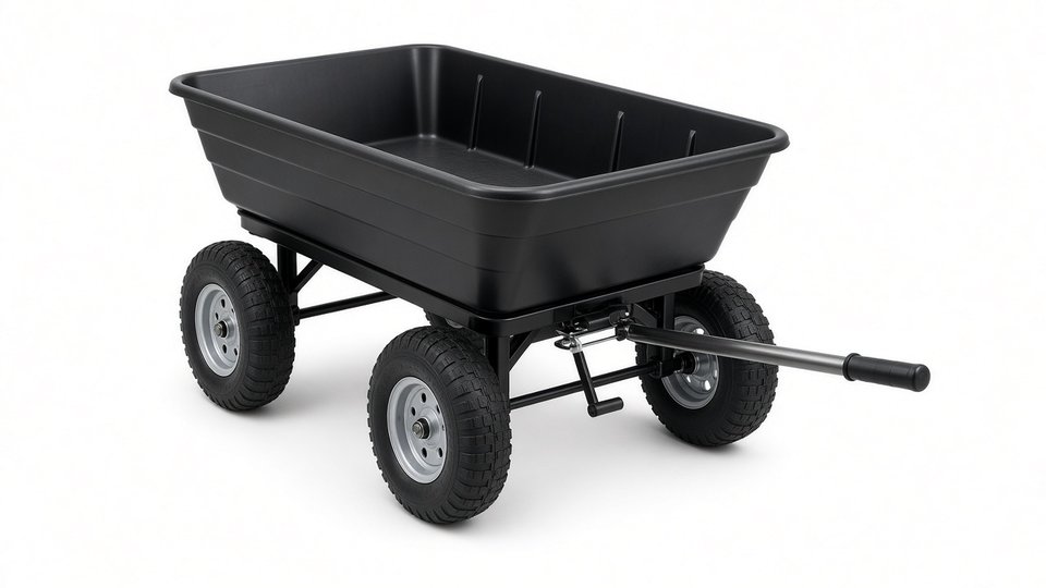 A black plastic dump cart with four air-filled tires and a straight pull handle