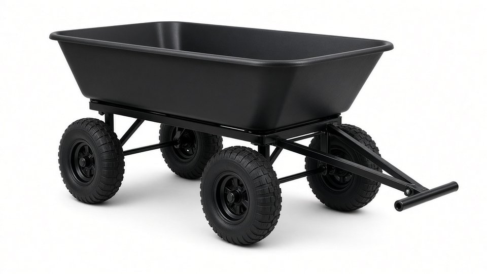 A black plastic garden dump cart with four large knobby tires and a T-grip pull handle