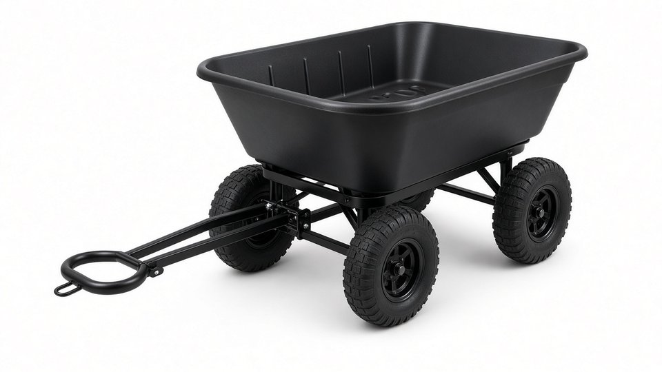 A large black plastic dump cart with four big knobby tires and a long pull handle with a loop grip
