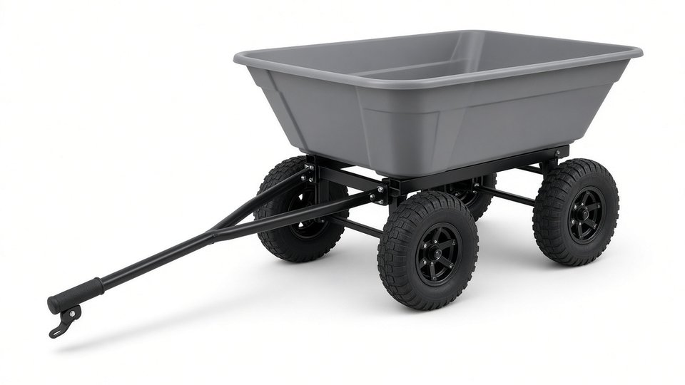 A gray plastic dump cart with four large rubber tires and a long pull handle