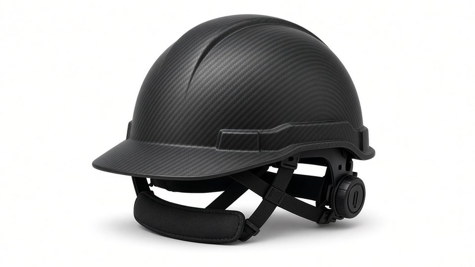 A matte black full-brim hard hat with a carbon-fiber-look pattern and ratchet suspension