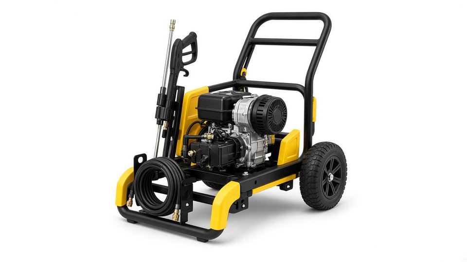 A black and yellow gas pressure washer on a steel frame with two air-filled tires and a coiled hose