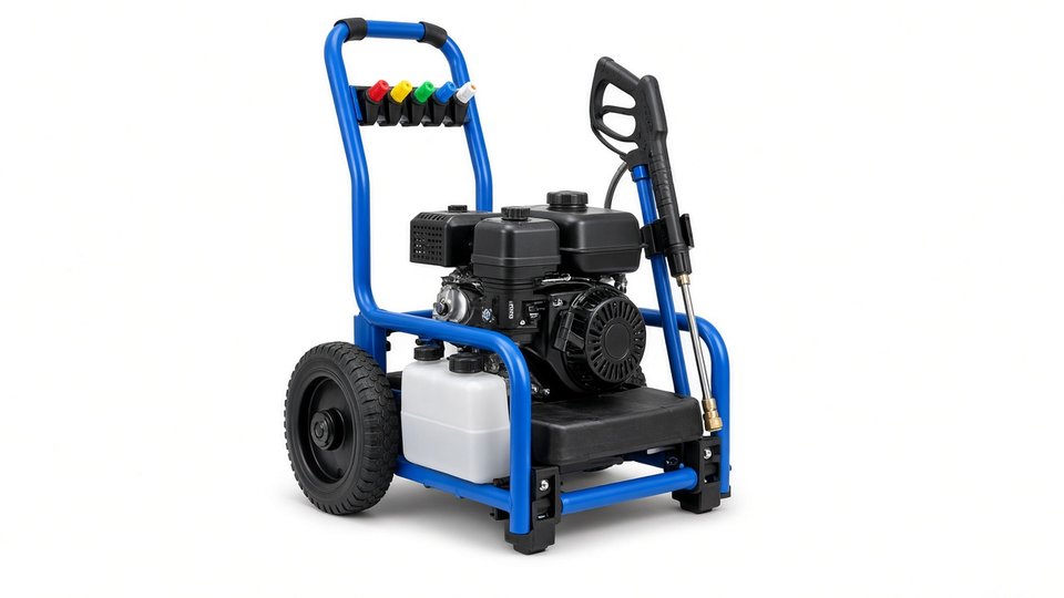 A compact blue-framed gas pressure washer with solid wheels, a soap tank and spray tips on the handle