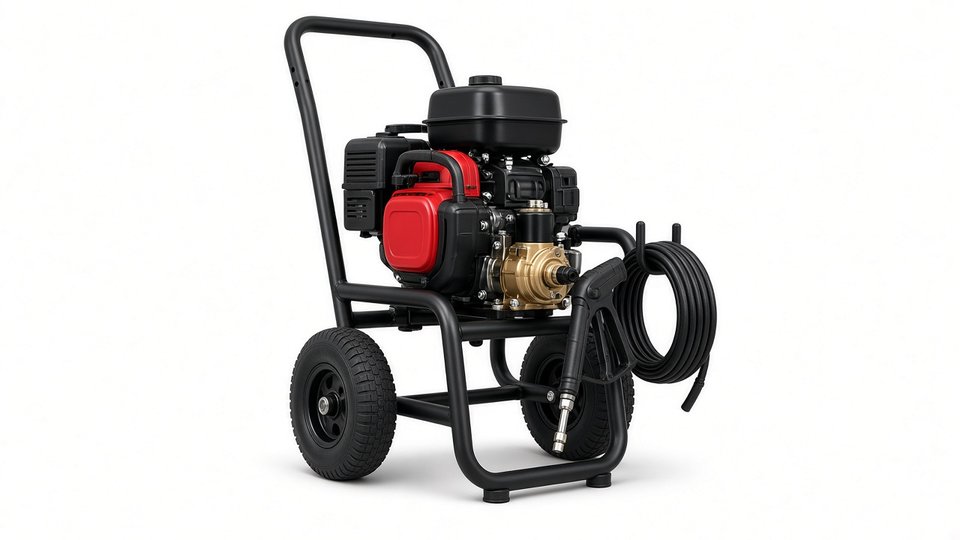 A black-framed gas pressure washer with a red engine, two air-filled tires and a coiled hose