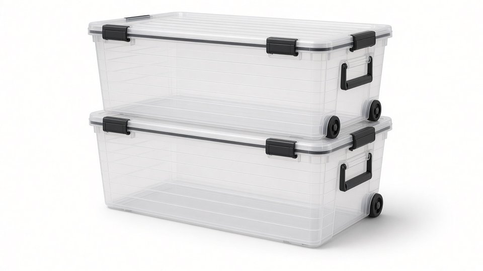 Two stacked clear plastic storage bins with black buckle latches and small rear wheels