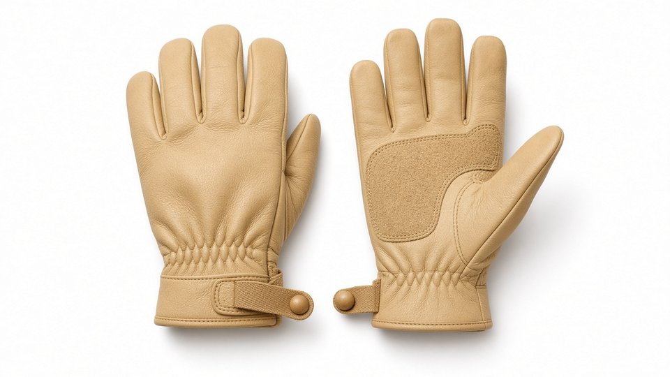 A pair of light tan leather work gloves with a suede palm patch and an adjustable wrist strap