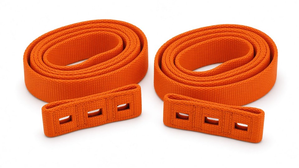 Two coiled orange lifting straps, each with a row of three arm loops