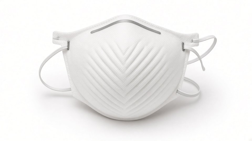 A white cup-shaped N95-style respirator with V-shaped pleats, a nose strip and two white elastic straps