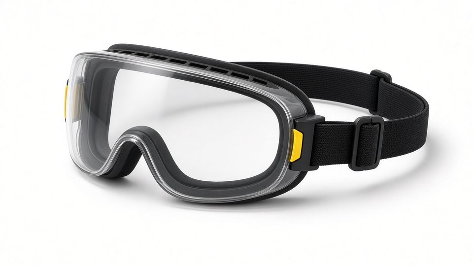 Clear low-profile safety goggles with a black rubber seal, yellow side accents and a black elastic strap