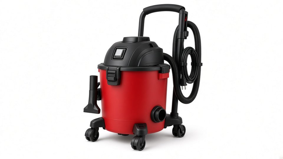 A red 16-gallon shop vacuum with a tall push handle and a hose coiled on the back