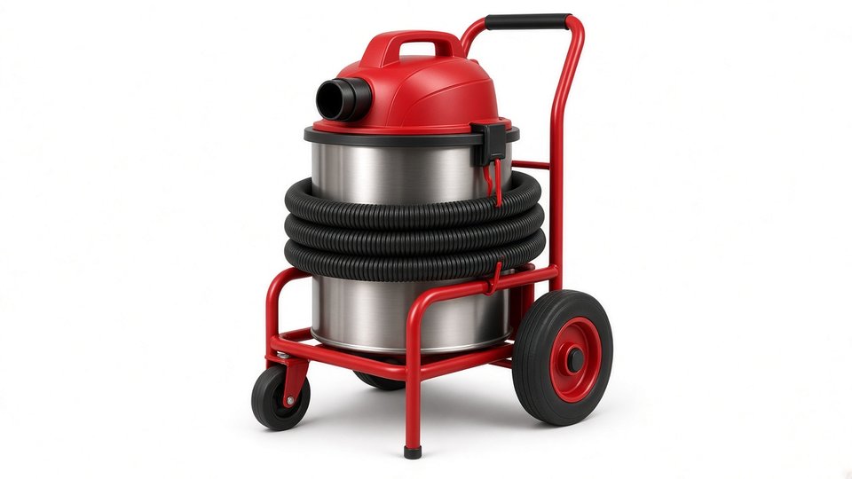 A stainless-steel shop vacuum drum on a red cart with large rear wheels and a push handle