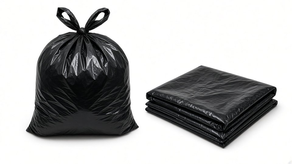 A full black trash bag tied at the top, next to a stack of folded black bags