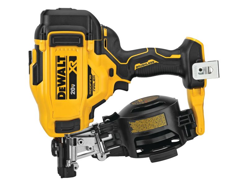 A yellow and black DEWALT 20V MAX cordless coil roofing nailer