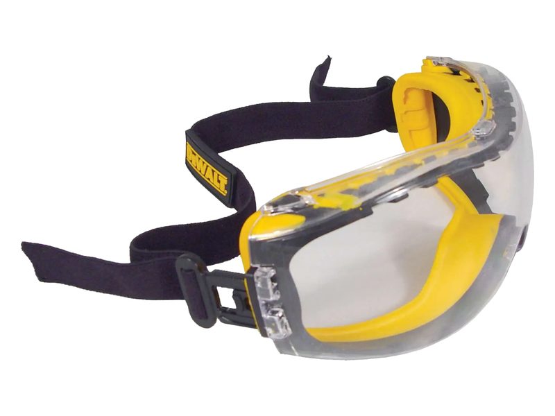DEWALT safety goggles with a clear lens, gray and yellow frame and black head strap