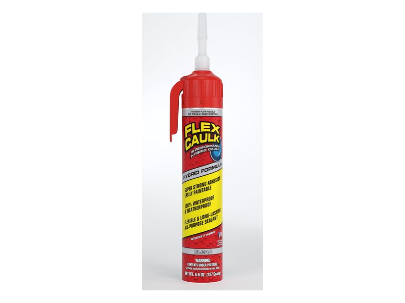 A red and white Flex Caulk Hybrid Formula can with a long white nozzle