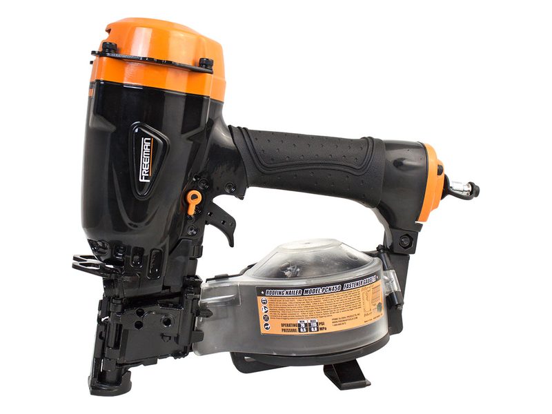 A Freeman coil roofing nailer with an orange top, black body and clear nail canister