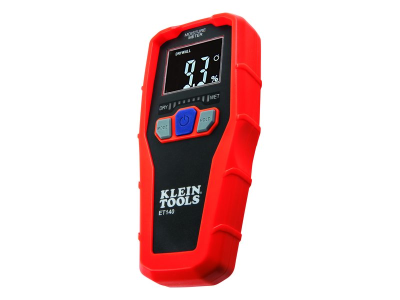 A red Klein Tools ET140 pinless moisture meter with a digital display