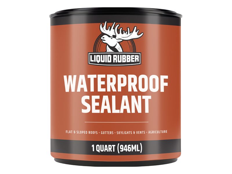 A brown 1-quart can of Liquid Rubber Waterproof Sealant with a black lid
