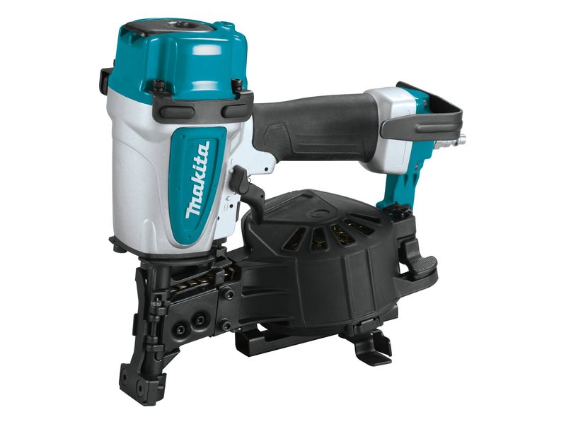 A teal and silver Makita coil roofing nailer with a black nail canister