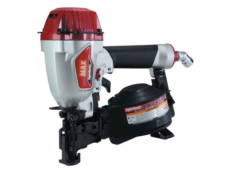 A MAX SuperRoofer coil roofing nailer with a red top, silver body and black nail canister