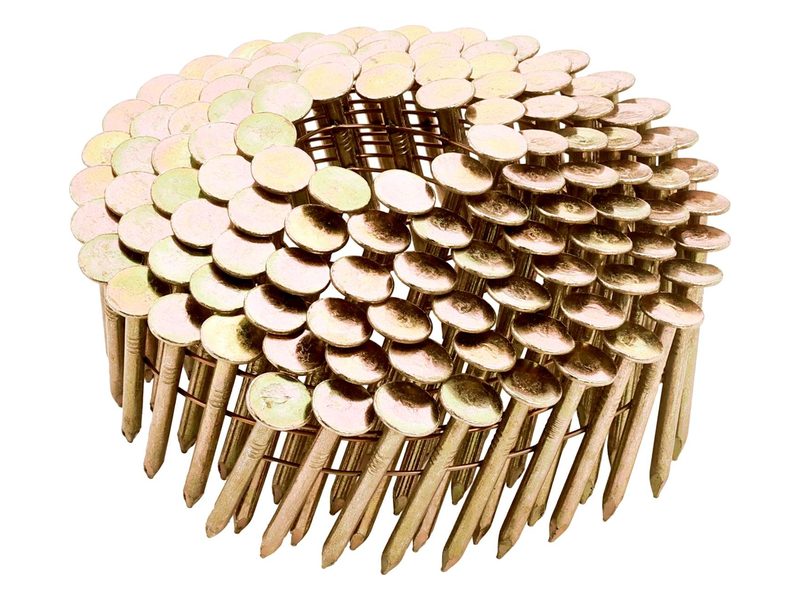A coil of galvanized round-head roofing nails joined by collation wires