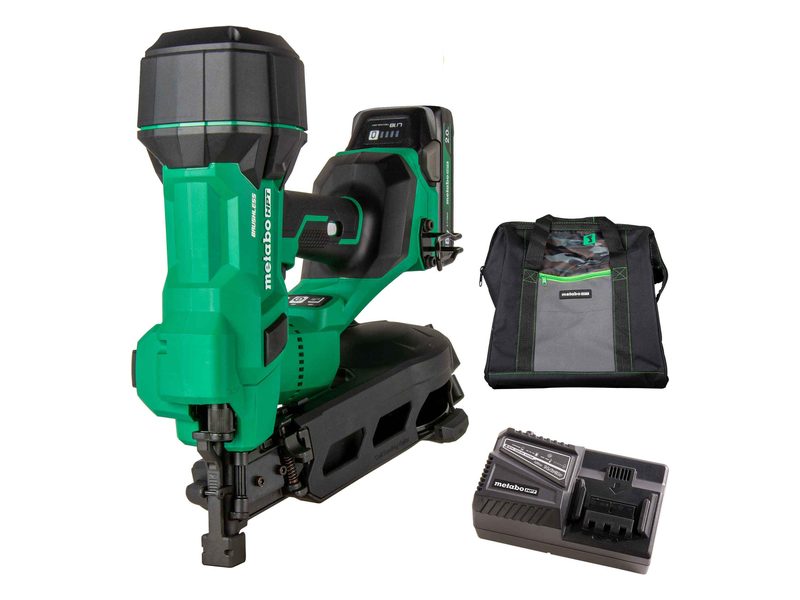 A green and black Metabo HPT cordless coil roofing nailer with a battery, charger and black tool bag