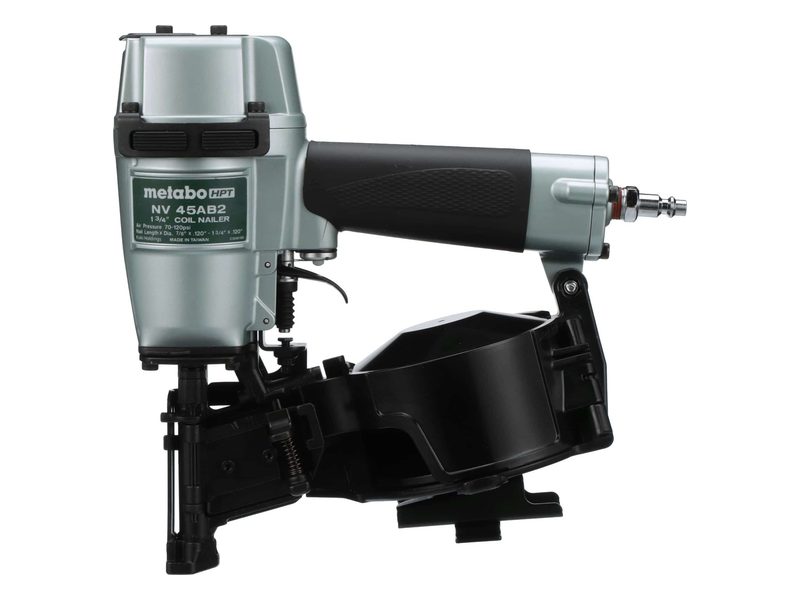 A silver and black Metabo HPT pneumatic coil roofing nailer with a round nail canister