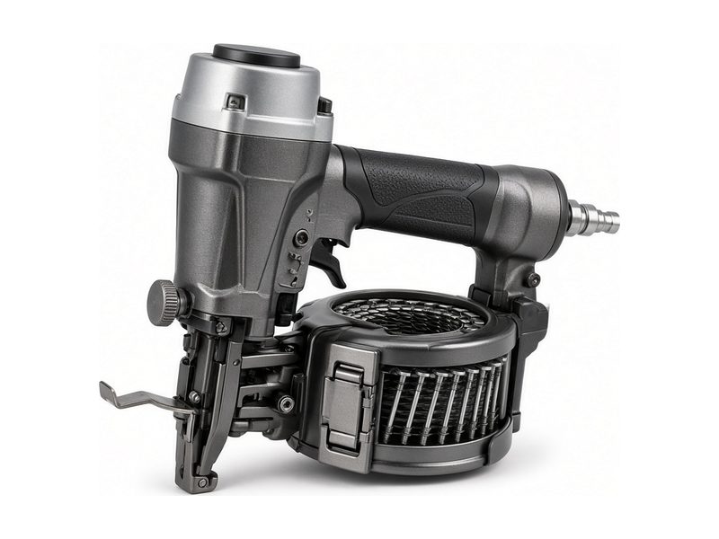 A dark gray pneumatic coil roofing nailer with a black grip, a round nail canister and a silver air fitting
