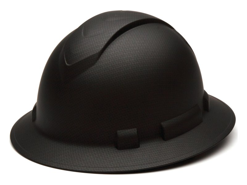 A matte black full-brim hard hat with a graphite pattern